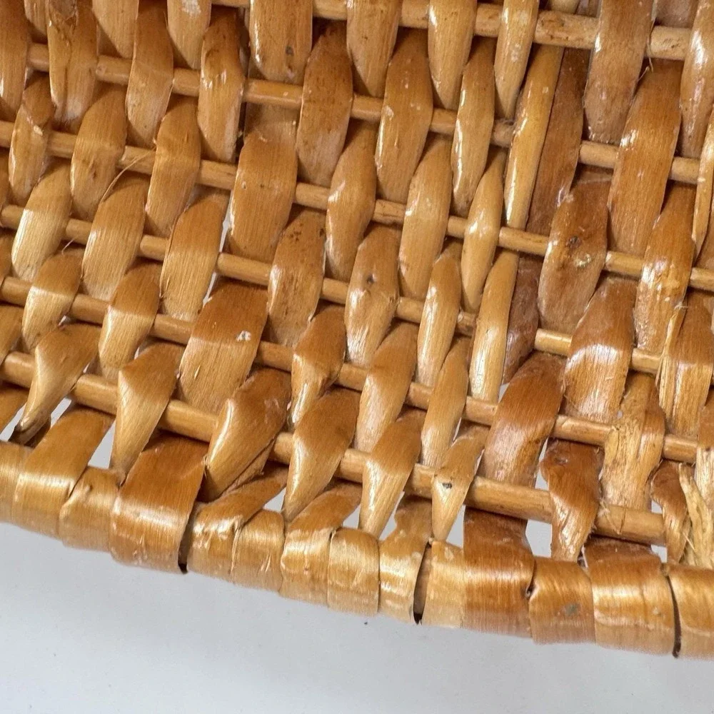 Vtg MCM Woven Basket Gondola Pea Pod Basket Footed Wicker Madeira Signed Boho